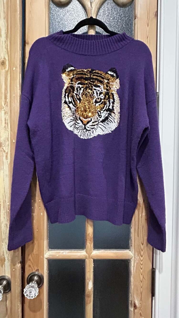 Bomb Designs Tiger Sequin Purple Sweater